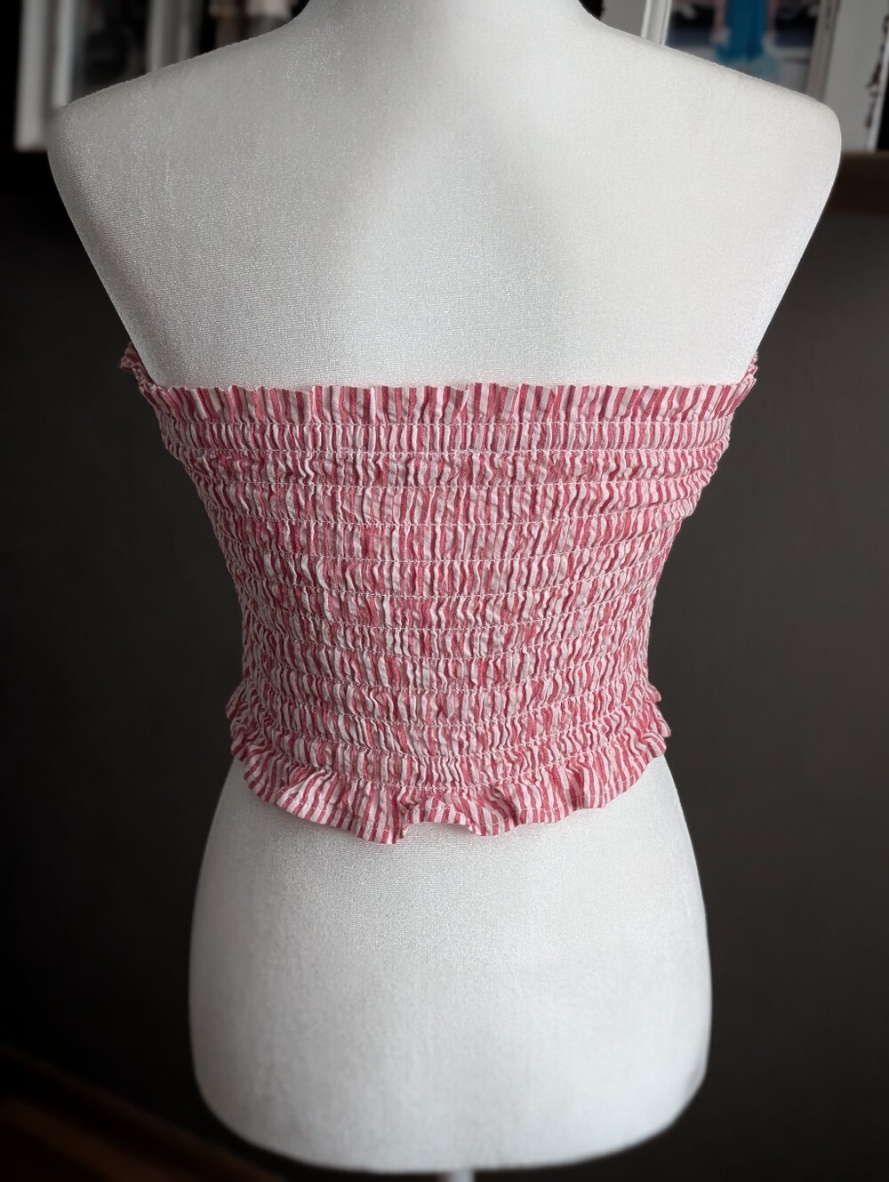 American Eagle Smocked Strapless Crop Top Small Red White Stripe Tassel Boho - Picture 3 of 5